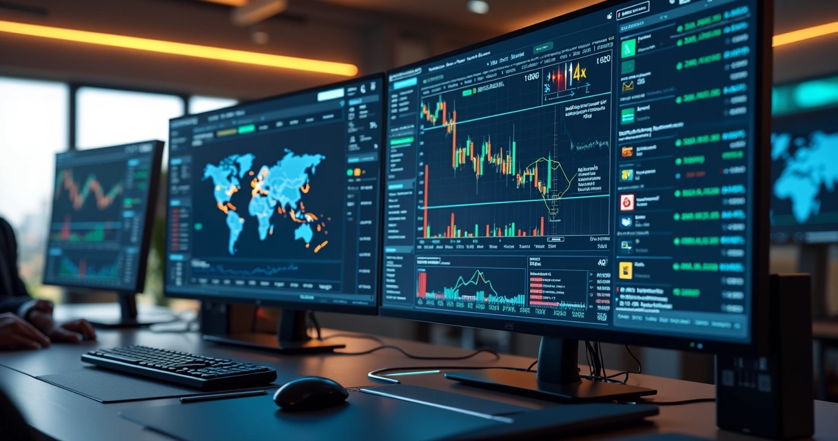 Mesa de negociação digital mostrando bolsas de commodities com gráficos e algoritmos de inteligência artificial em segundo plano 