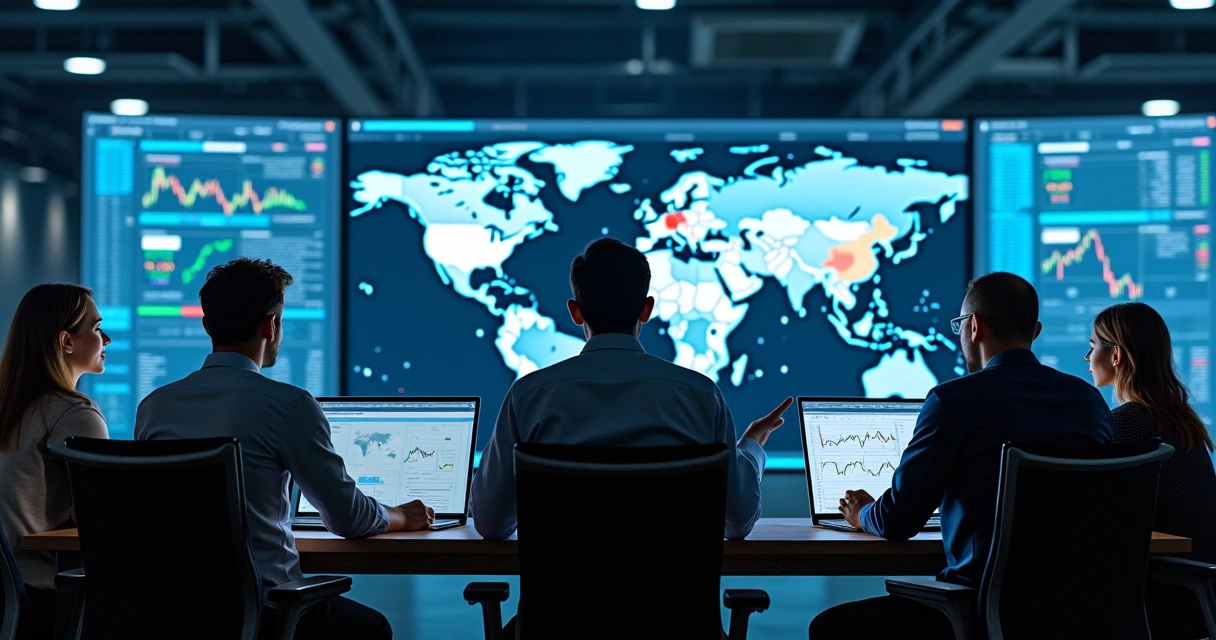 Mesa de negociação com gestores analisando gráficos e estratégias de hedge funds.