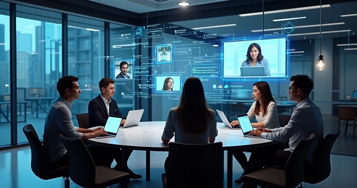 Equipe em reunião híbrida utilizando automação 