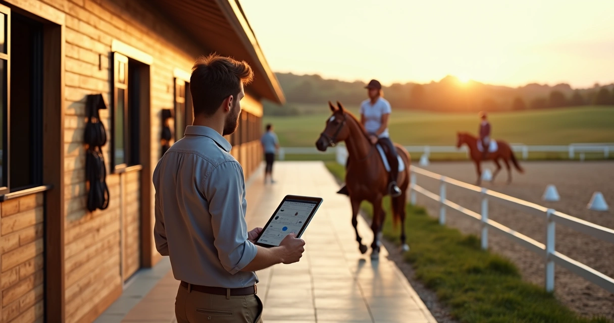 Gestor observando cavalo em pista de treinamento ao lado de estábulo organizado 
