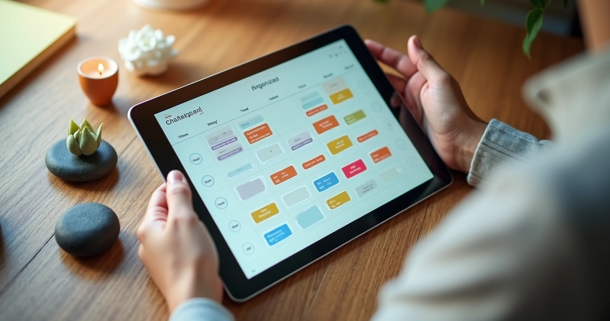 Profissional controlando agenda digital em tablet com ícones de bem-estar 