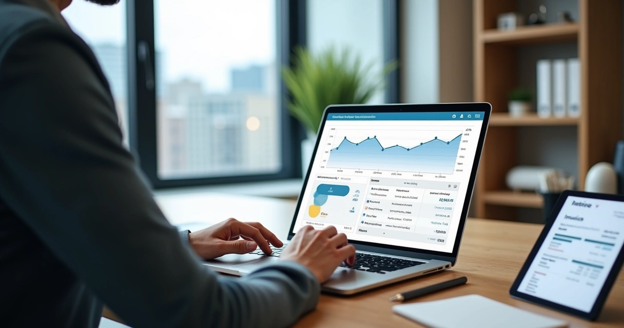 Profissional PJ controlando horas faturáveis em dashboard financeiro no notebook 