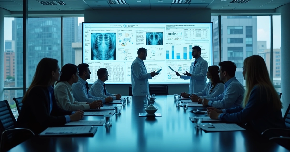 Reunião de gestores de hospital analisando dados em tela digital