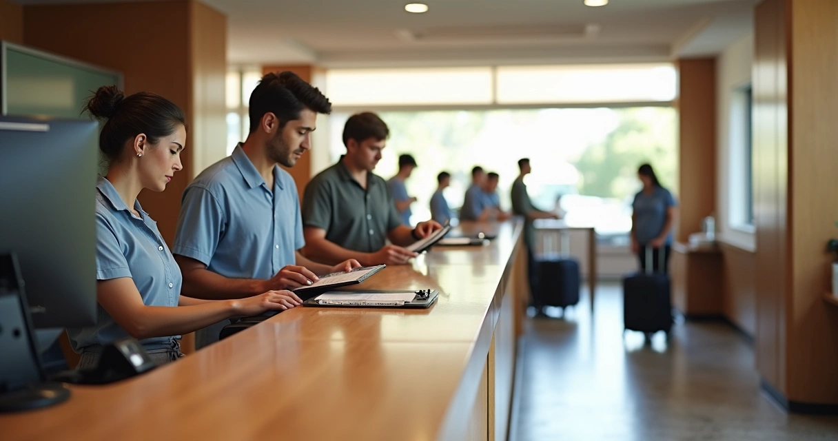 Equipe de recepção de hotel utilizando computador para gerenciamento de reservas 