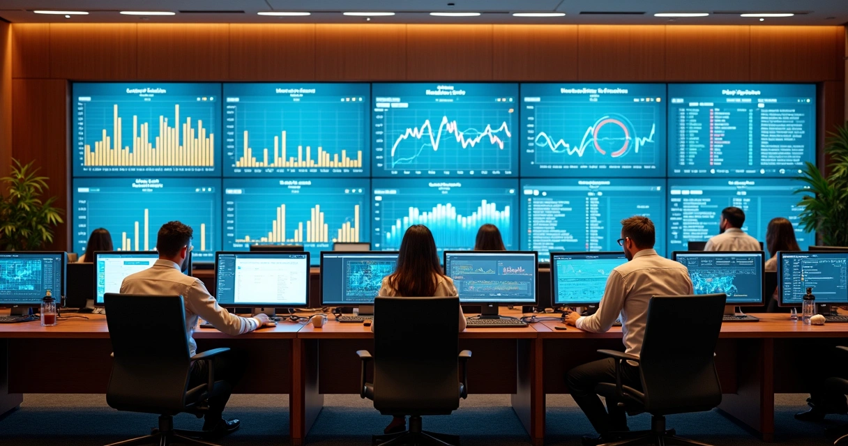Sala de controle de gestão hoteleira com painéis digitais e equipe trabalhando 