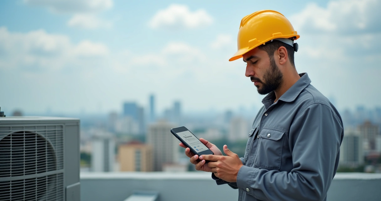 Técnico em HVAC consultando aplicativo de gestão de ordens no celular 
