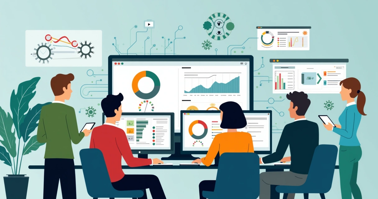 Ilustração corporativa plana mostrando equipe usando inteligência artificial para gerenciar bugs com gráficos, computadores e ícones de automação 