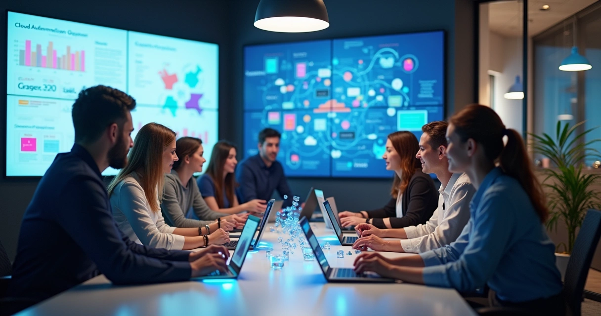 Equipe empresária utilizando automação no-code em ambiente moderno com gráficos em telas 