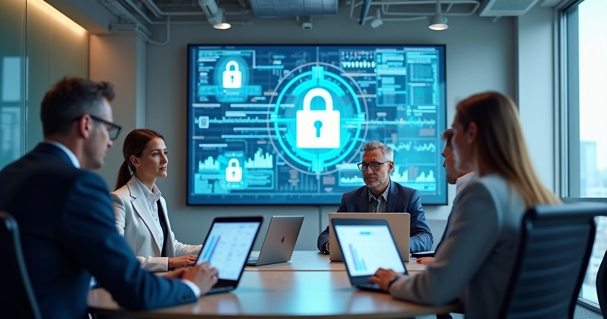 Colaboradores reunidos analisando pontos de segurança digital em computadores. 