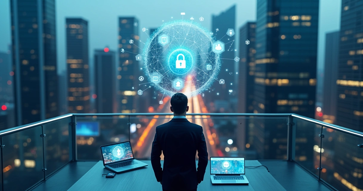 Executivo em cidade futurista controlando esfera de identidade digital protegida 