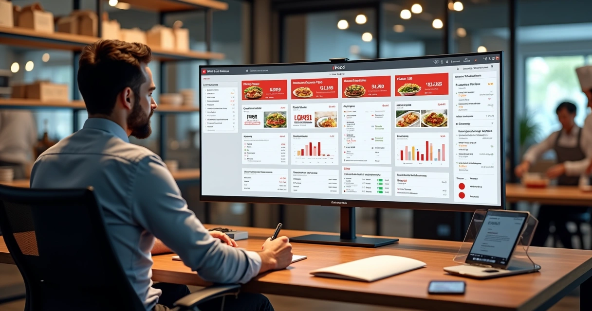 Gestor analisando painel do iFood Portal com múltiplas marcas de delivery na tela 