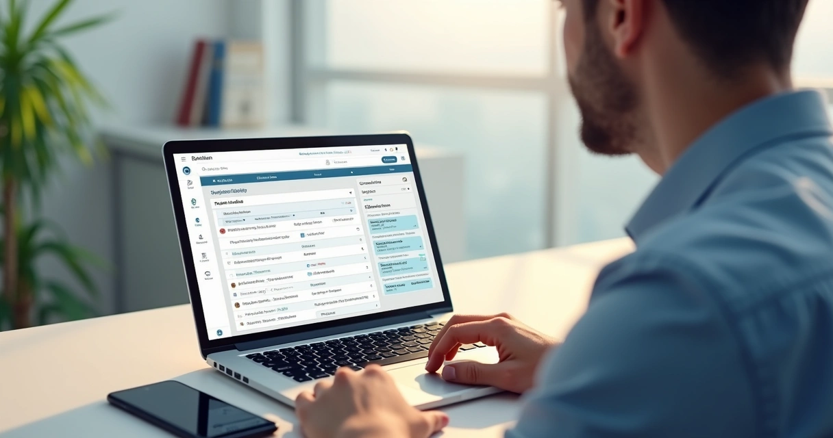 Corretor usando CRM imobiliário no notebook com smartphone ao lado 