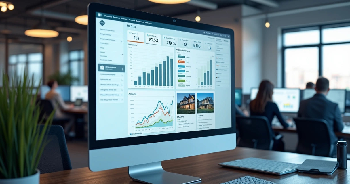 Painel digital de sistema imobiliário com gráficos e notificações 