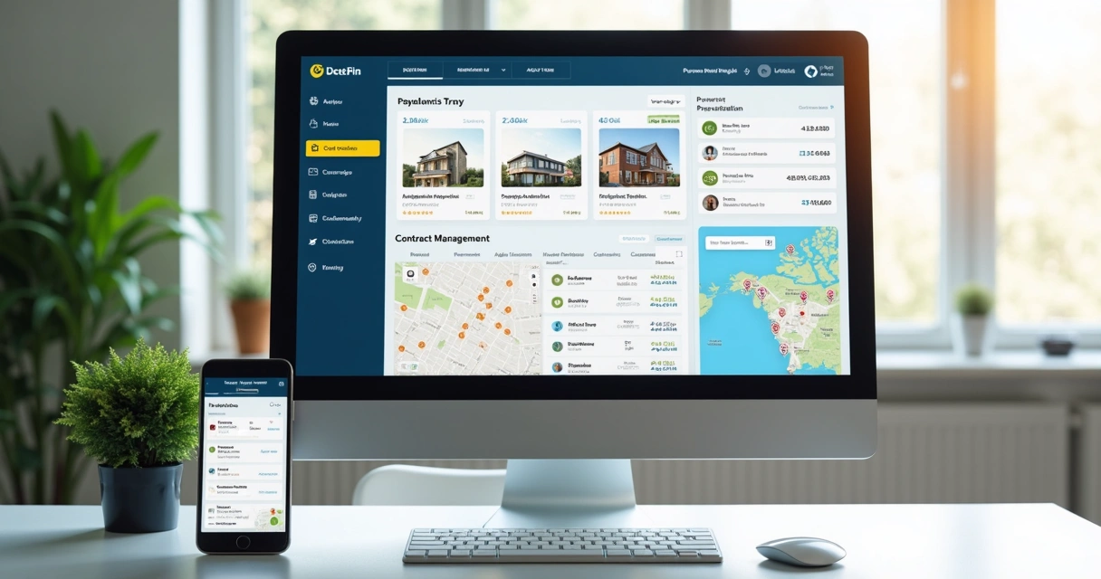 Tela de sistema para imobiliária mostrando painel com gráficos, contratos e imóveis cadastrados 