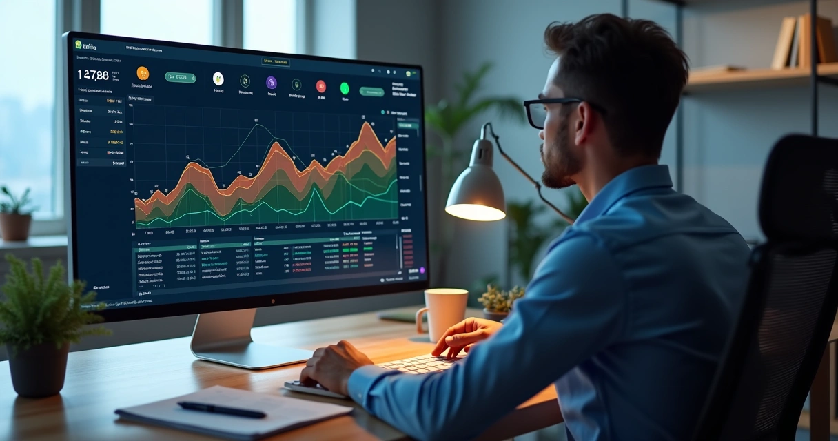 Gestor de imóveis em escritório observando tela de computador com gráficos de contratos e alertas financeiros 