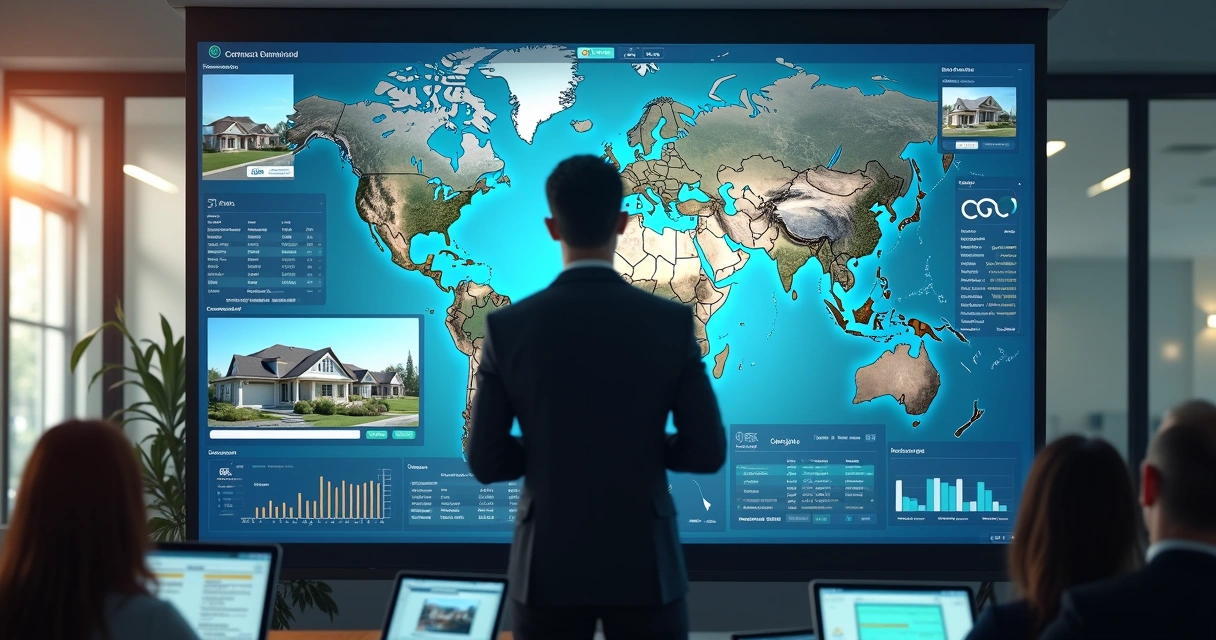 Corretor mexendo em painel digital com imóveis em tela 