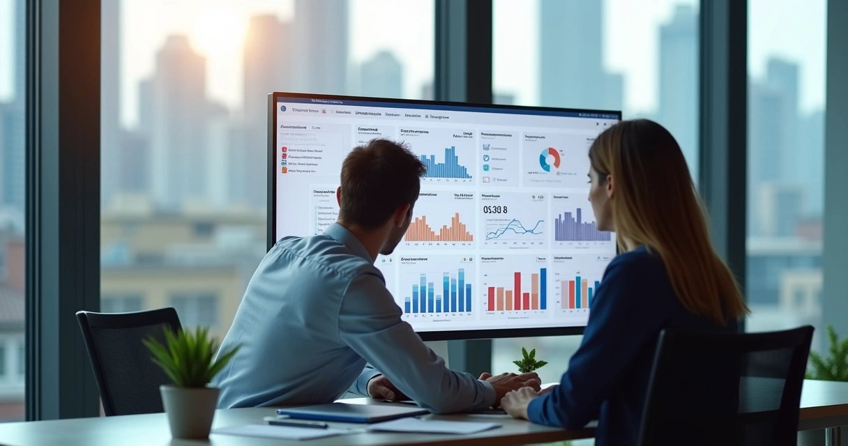 Tela de computador com dashboard de gestão de imóveis, gráficos e avisos, pessoas analisando relatórios