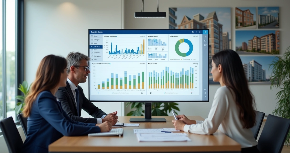 Equipe imobiliária analisando indicadores em escritório