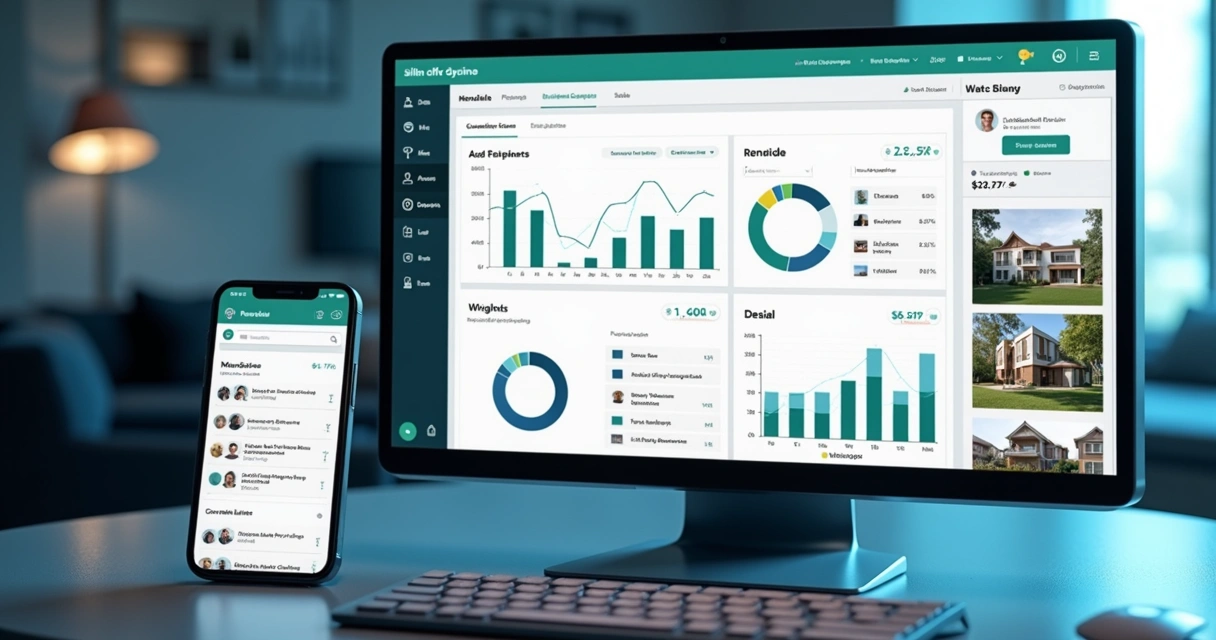 Tela de computador exibindo painel completo de sistema imobiliário com gráficos, fotos de imóveis e integração com WhatsApp 