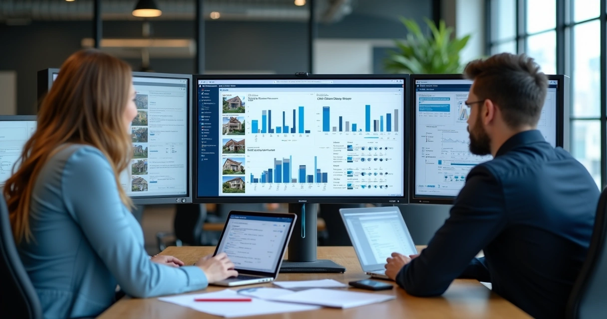 Equipe imobiliária analisando dados técnicos em escritório 