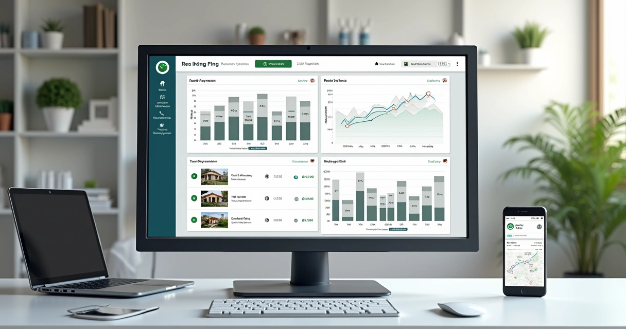 Tela de sistema imobiliário com gráfico, lista de imóveis e ícones de integração com WhatsApp e site 