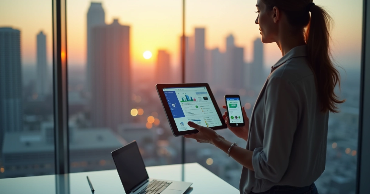 Corretora usando tablet para gerenciar imóveis com buildings ao fundo 
