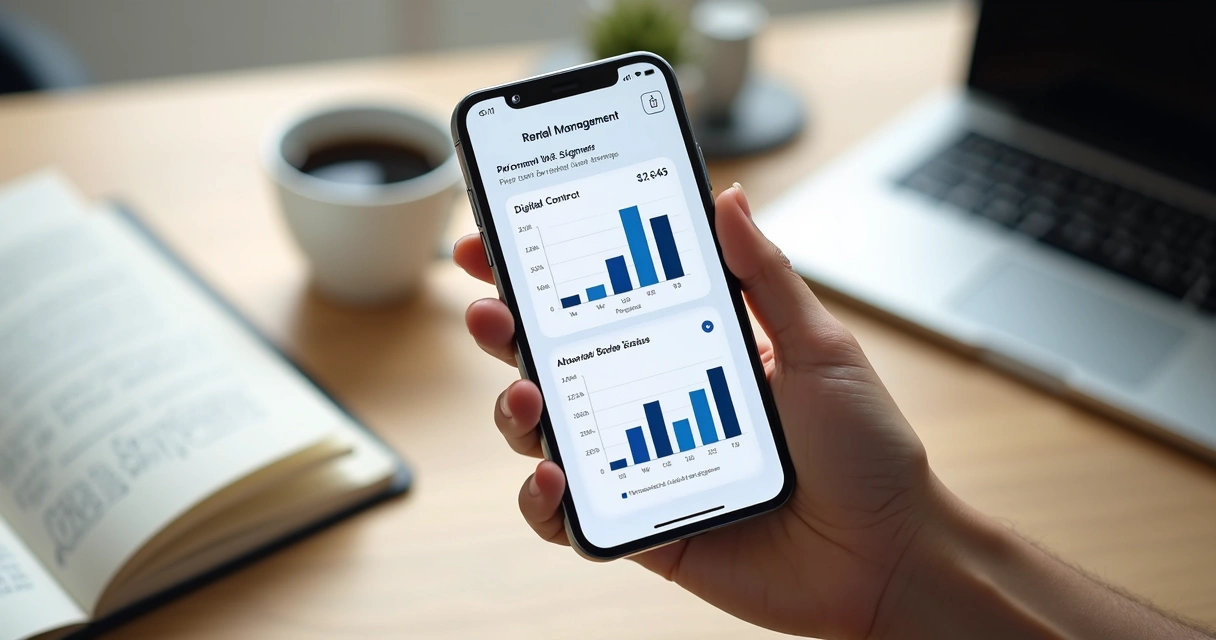 Pessoa usando aplicativo de gestão de aluguel de imóveis em smartphone com gráficos e contratos digitais na tela 