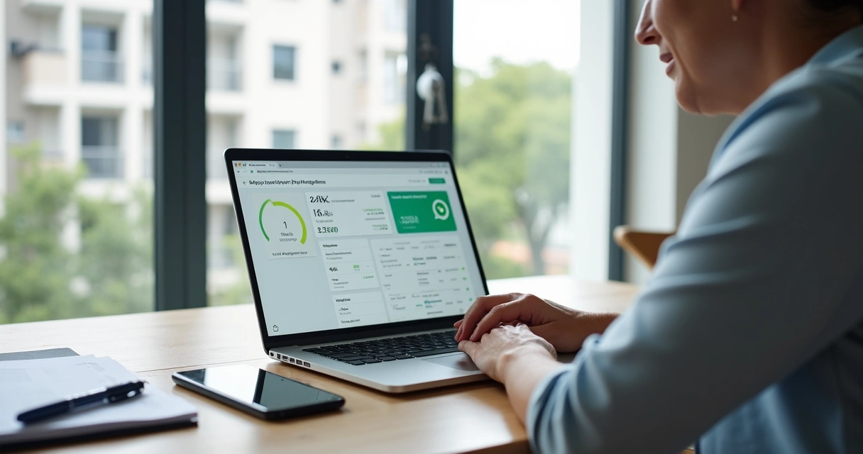 Proprietário controlando gestão de imóvel com notebook e celular sobre mesa com documentos 
