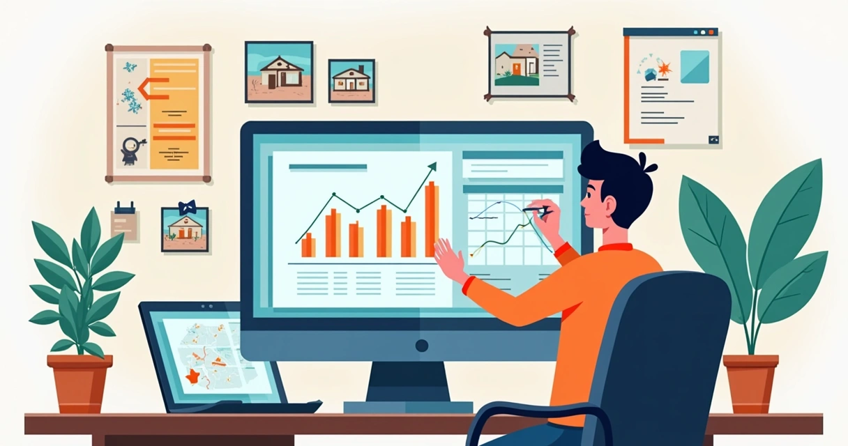 Manager analyzing the performance of a vacation property with graphs and calendar 