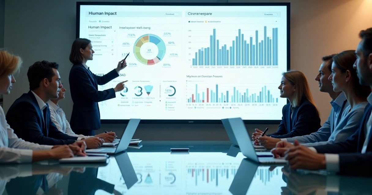 Equipe executiva analisando painel com indicadores de impacto humano e financeiro 