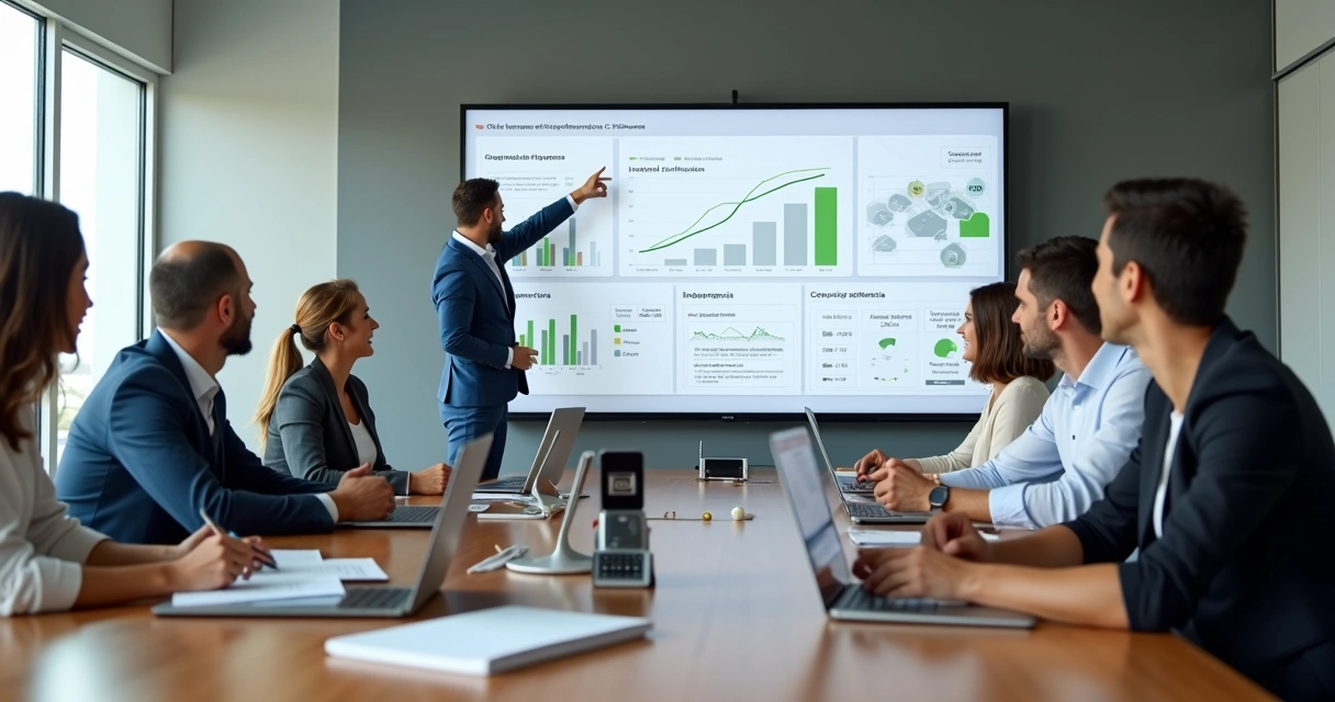 Reunião de franqueador e franqueados analisando inadimplência com gráficos em tela grande 
