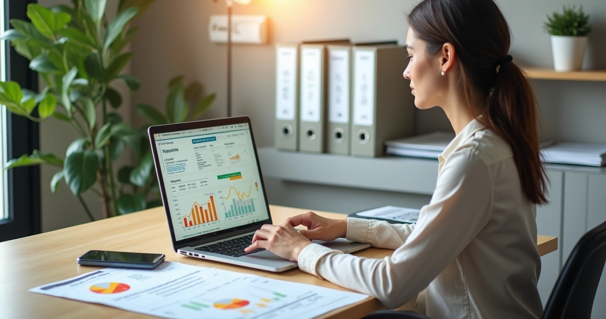 Empresária analisando inadimplência de clientes em gráficos financeiros na tela do notebook 