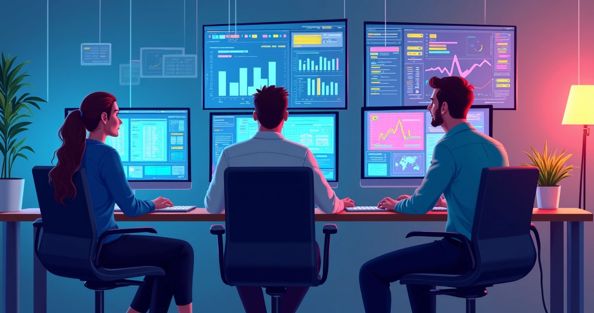 Equipe de TI monitorando sistemas em telas em um ambiente corporativo 