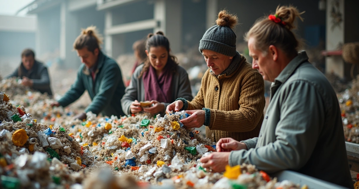 Equipe diversa trabalhando com resíduos recicláveis em espaço comunitário moderno 