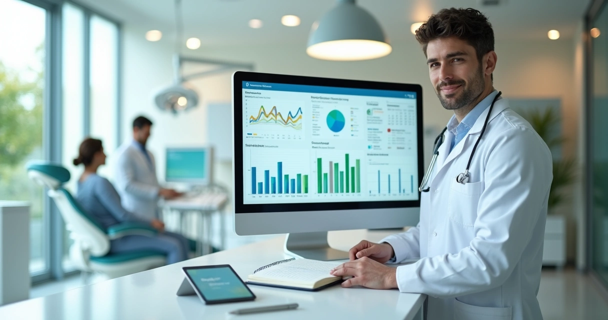 Dentista gestor analisando indicadores em tela de computador na recepção da clínica 