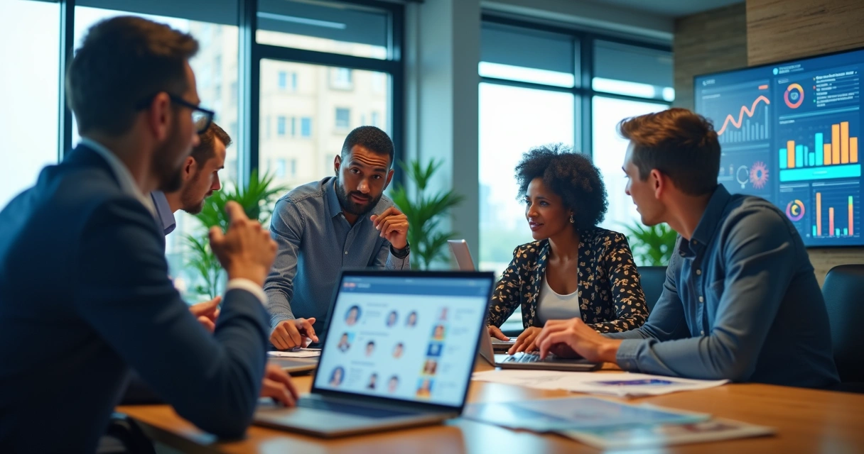 Equipe reunida organizando campanhas de marketing com influenciadores digitais em tela de computador moderno 