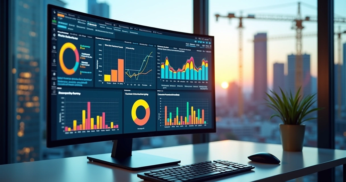 Painel digital com dados de obras na construção civil e gráficos de controle de INSS para regularização 