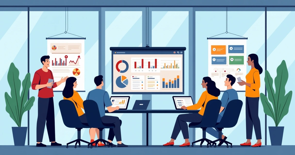 Equipe reunida em volta de uma grande tela mostrando dashboards de agência digital 
