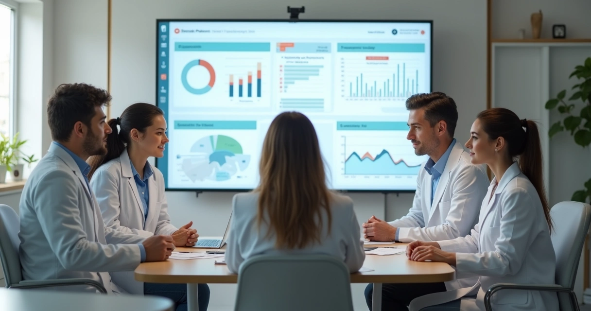 Equipe odontológica analisando sistema de gestão digital em uma tela moderna 