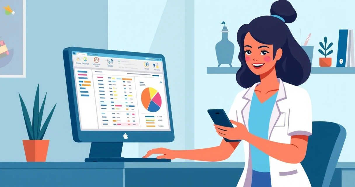 Profissional de estética usando computador e celular para agendar clientes, com agenda e gráficos na tela 