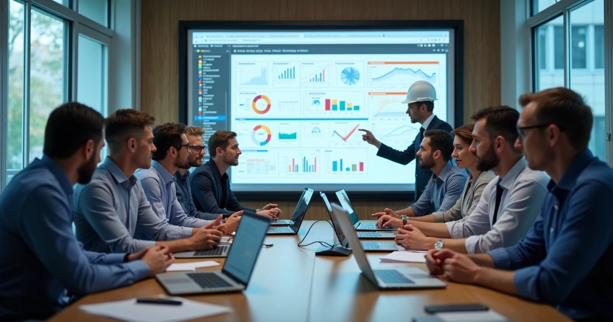 Equipe em sala de reunião analisando gráficos de construção em notebooks 