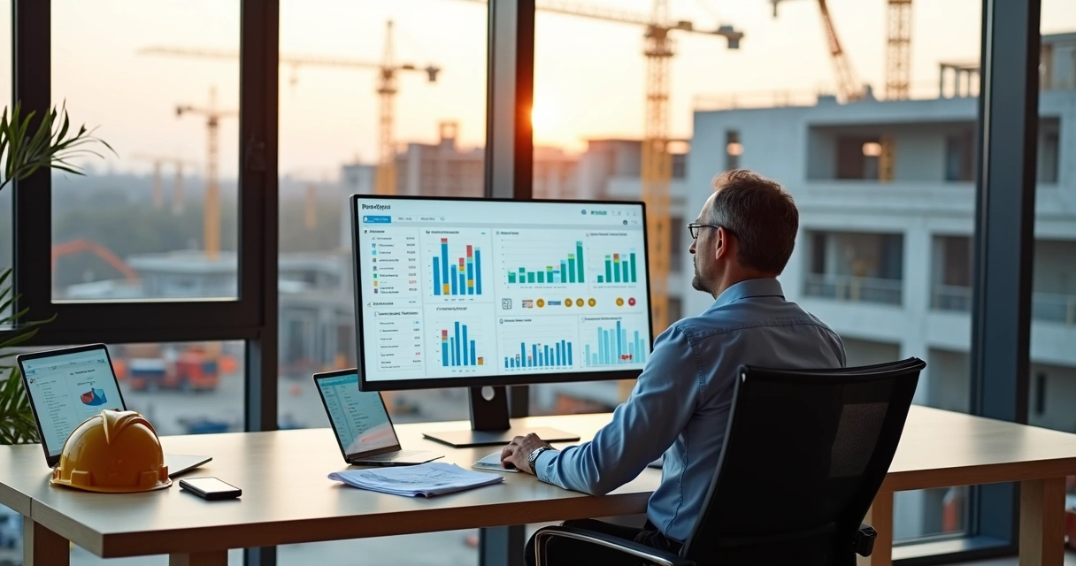 Gestor analisando painel de sistema ERP com obra em andamento ao fundo 