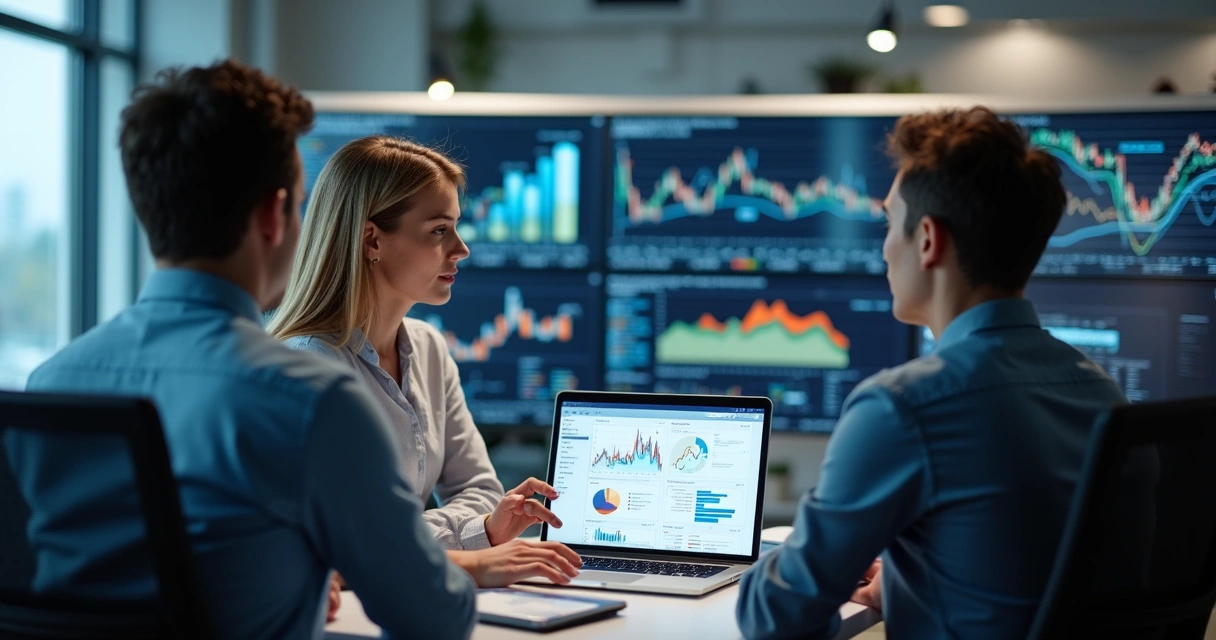 Equipe de três pessoas em reunião analisando gráficos de vendas 