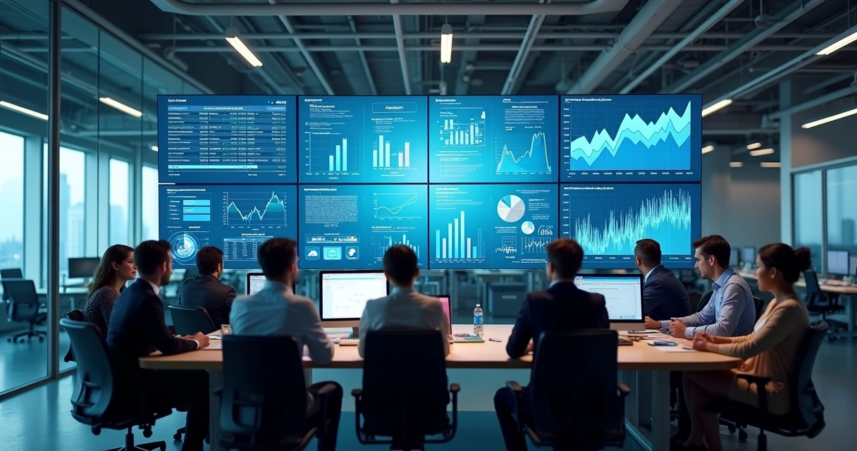 Equipe de gestão analisando um painel de ERP com dados integrados de vendas, financeiro e estoque 