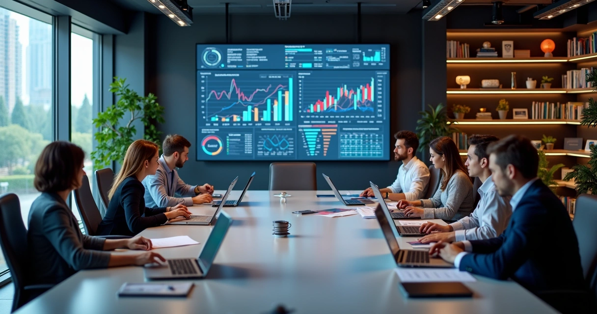 Gestores de entidade associativismo reunidos analisando dados em notebooks e telas na sala de reunião 