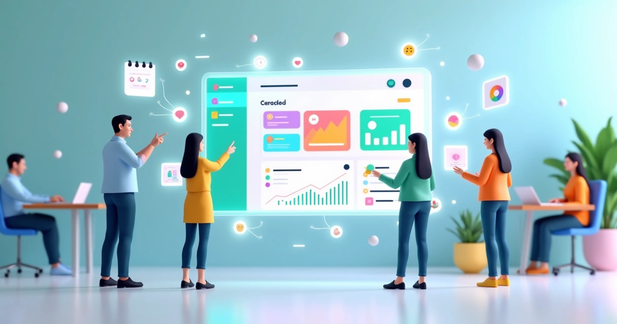 Dashboard centralizado em 3D com equipe colaborando ao redor 
