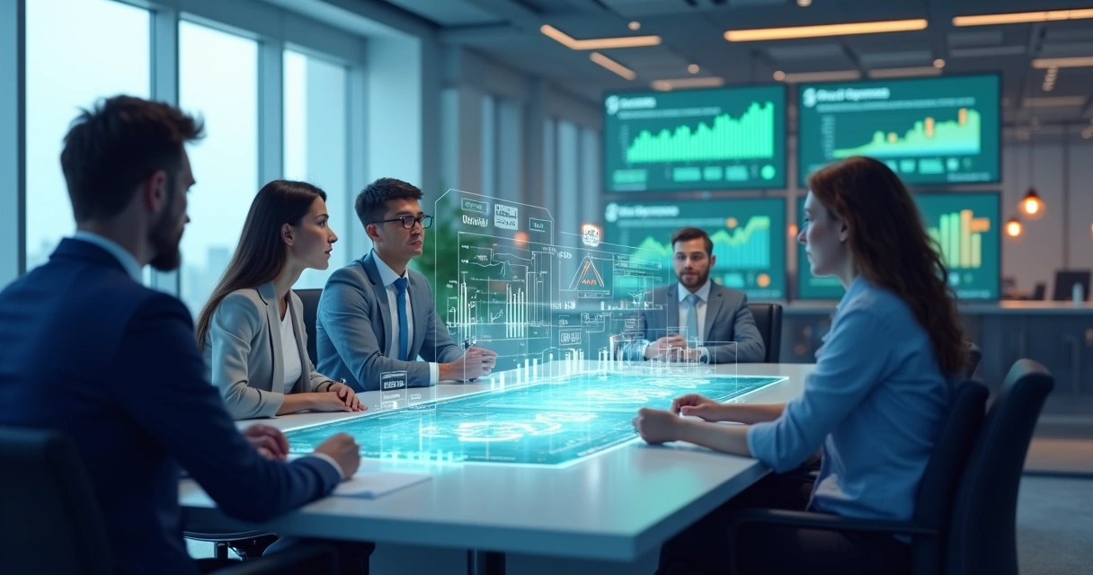 Equipe de vendas e operações colaborando com gráficos integrados na mesa 