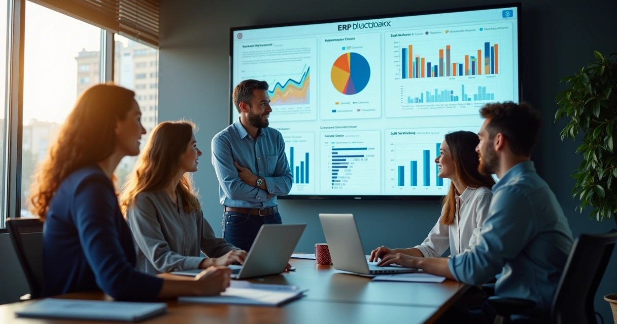 Equipe analisando dados integrados em sistema ERP