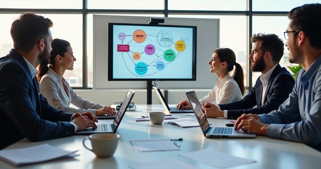 Equipe de trabalho discutindo na mesa com telas mostrando integração de processos ERP 