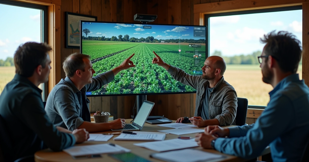 Equipe rural reunida em torno de tela com software de gestão agrícola 